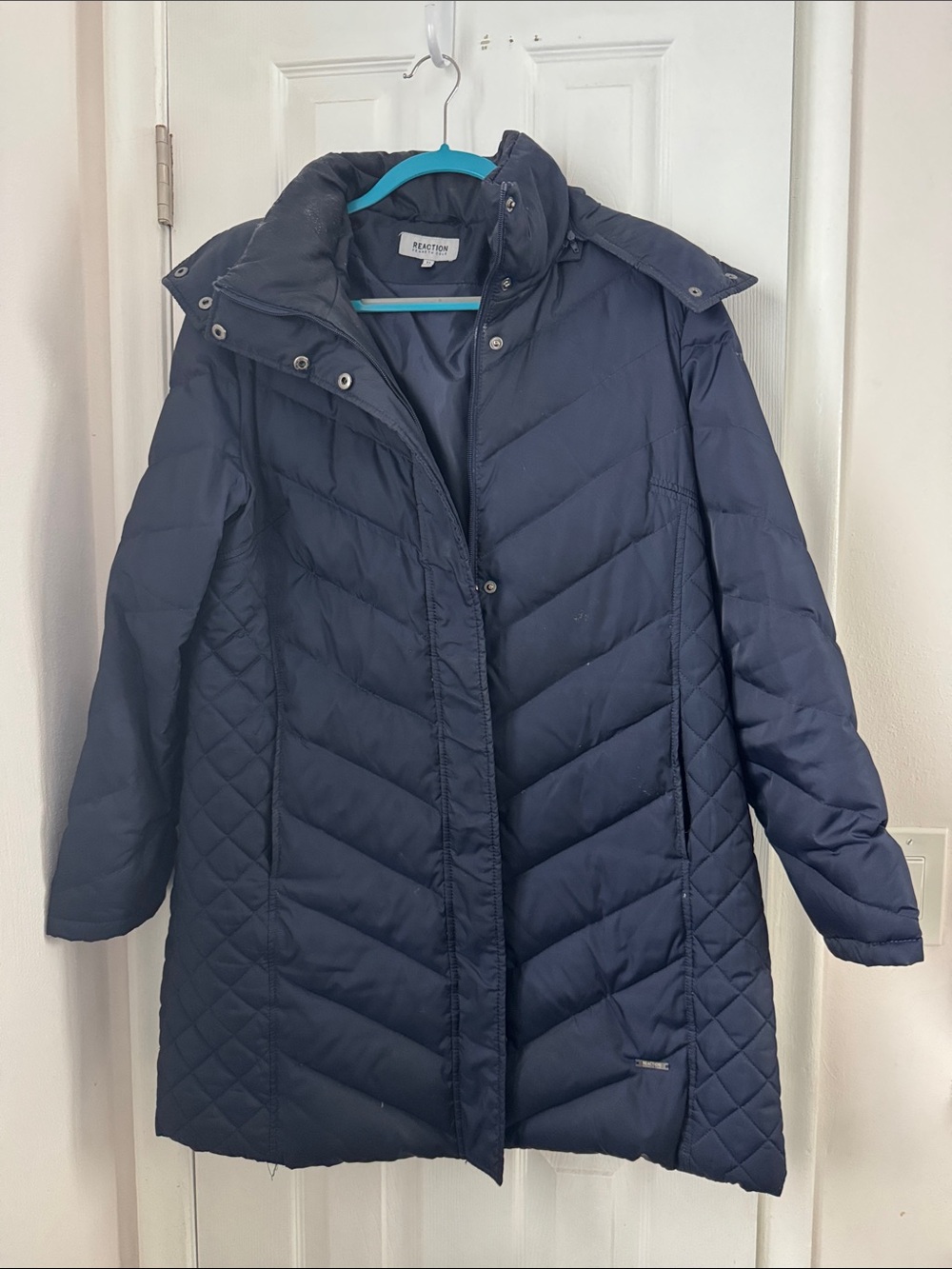 Kenneth Cole Navy Blue Quilted Long Puffer Coat with detachable hood